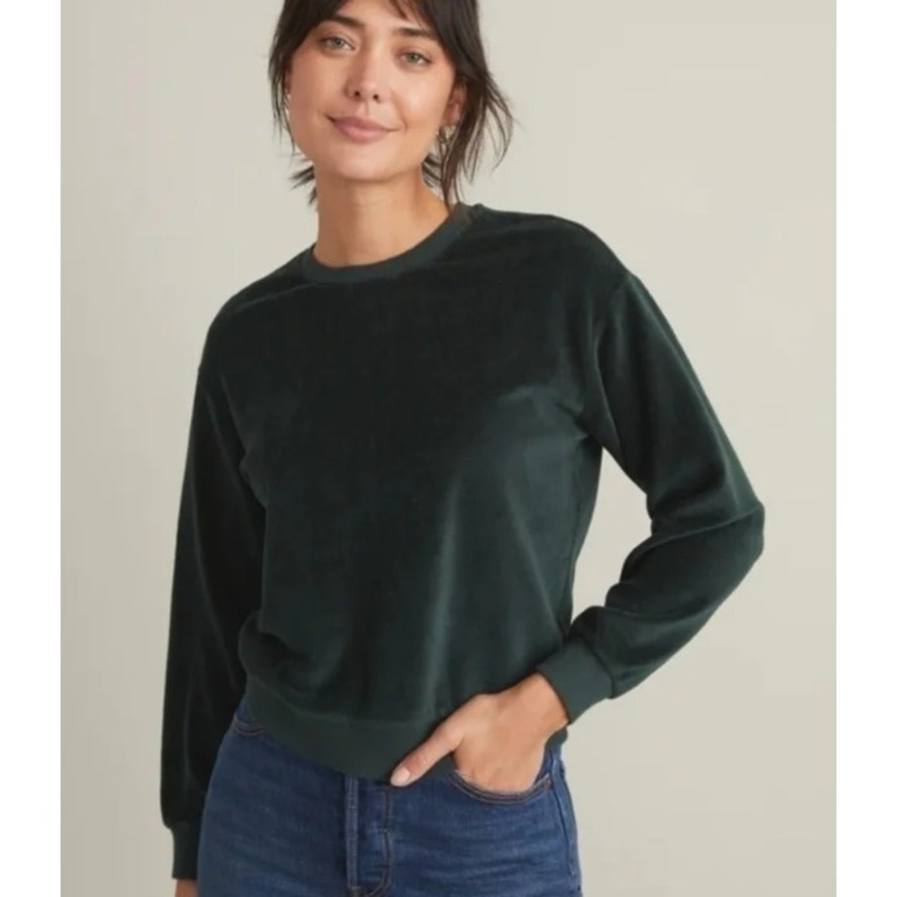 Marine Layer Moonlight Velour Crew Neck Sweatshirt Pine Needle Green XS